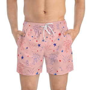 blush 4th of July firecracker print men's swimming trunks