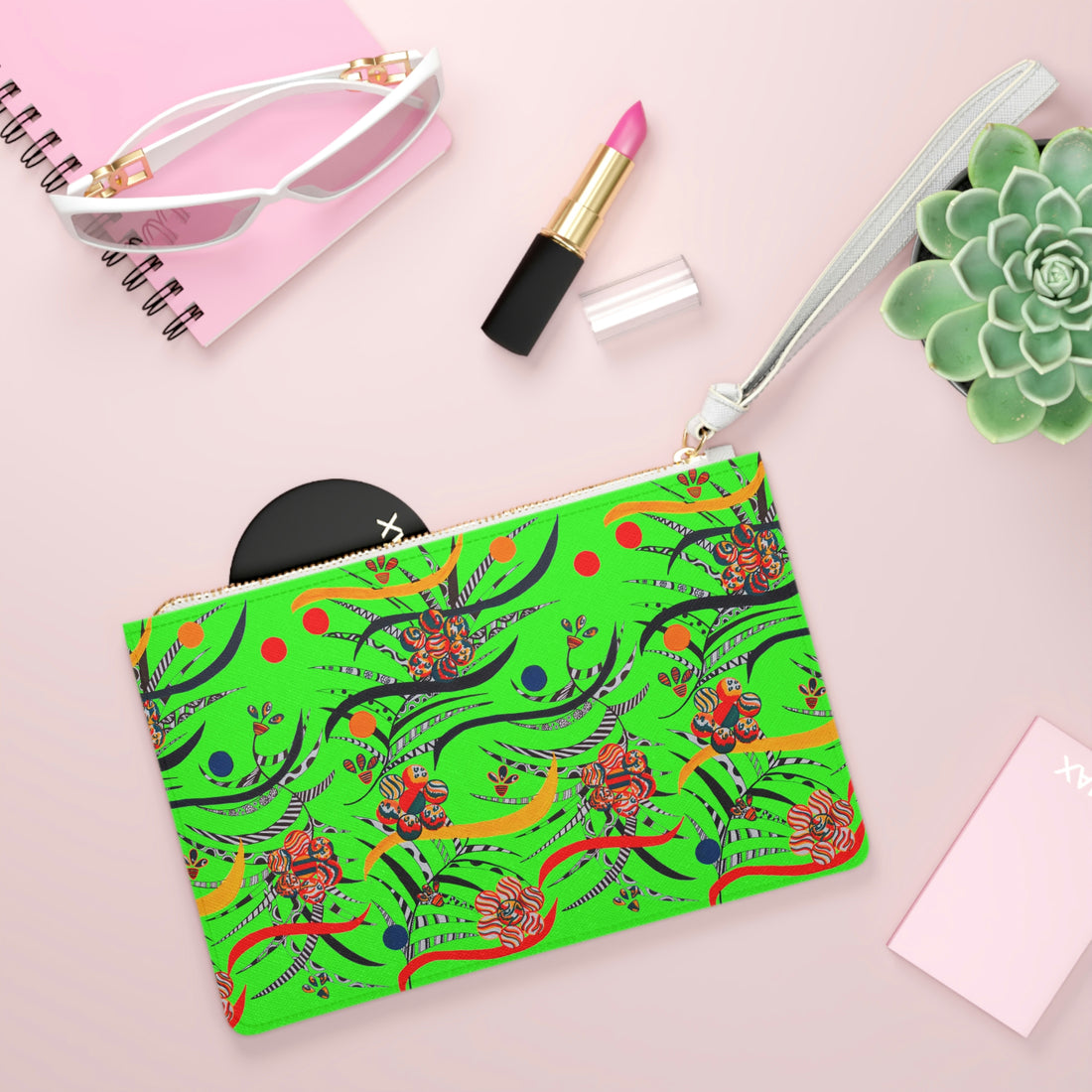 neon green floral & animal print clutch bag