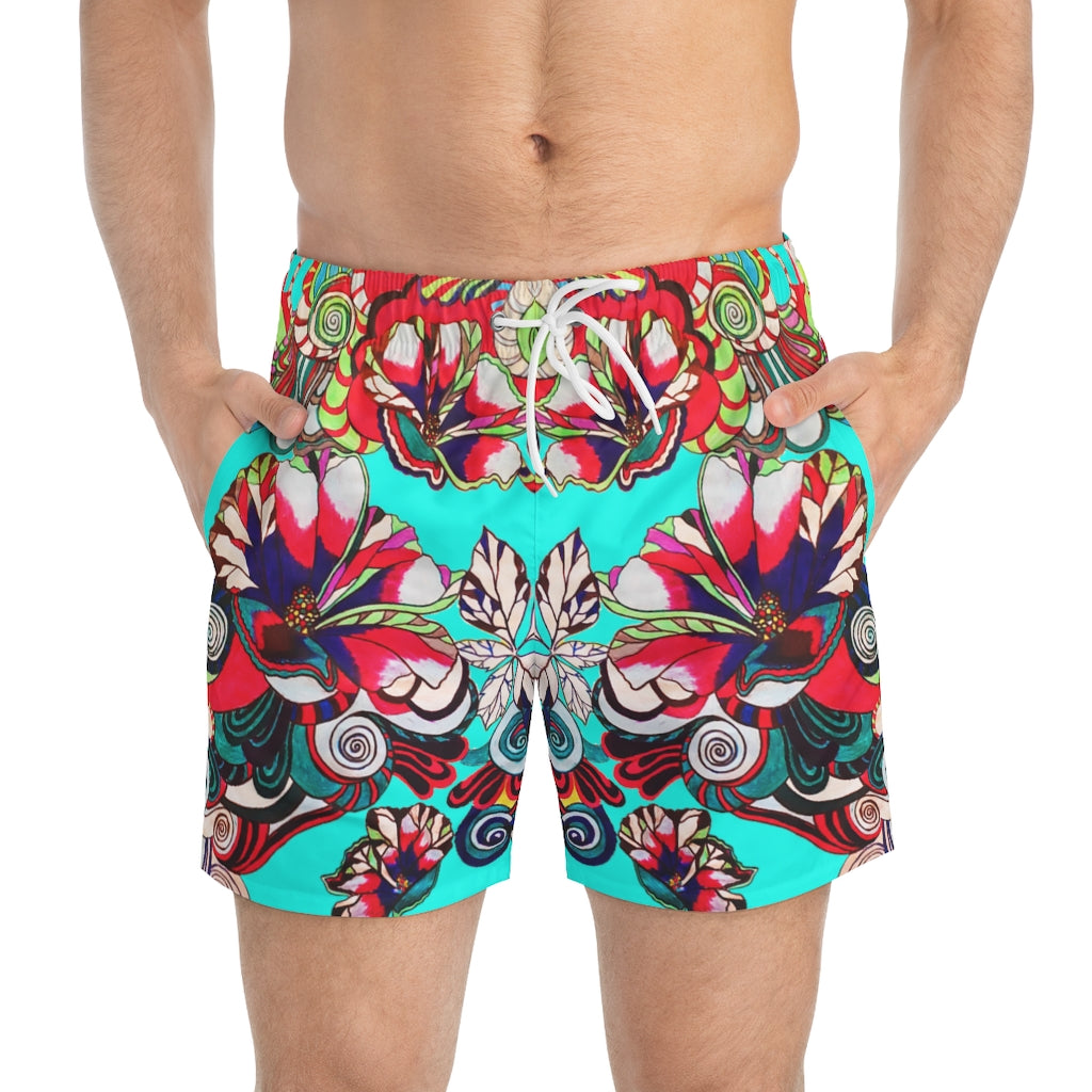 Cyan Graphic Floral Pop Men's Swimming Trunks