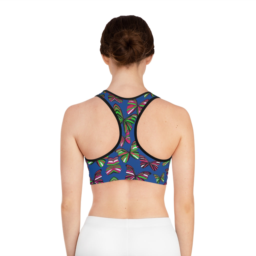 blue butterfly print sports bra