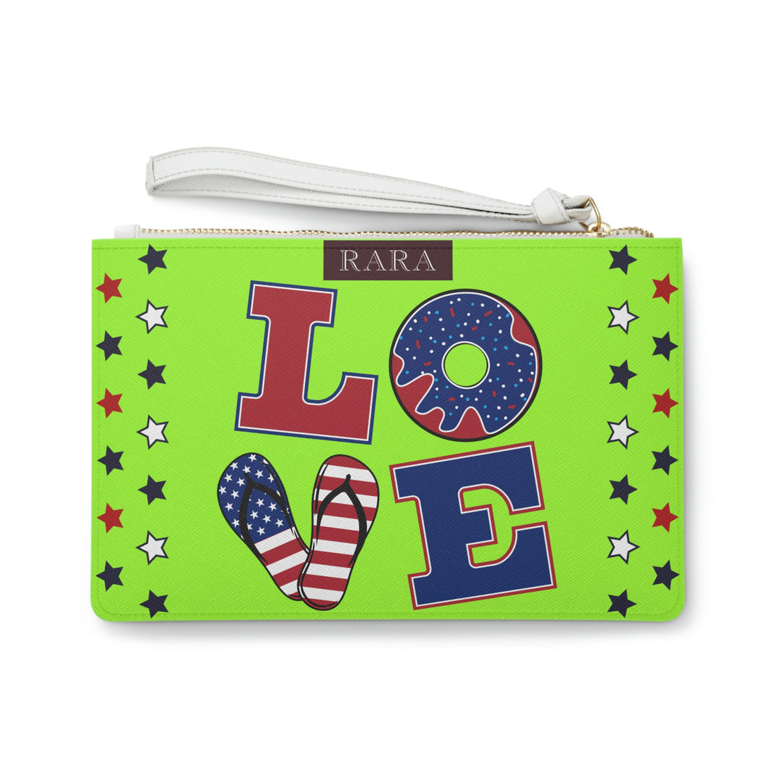 lime green clutch bag with love typography in american flag colours 