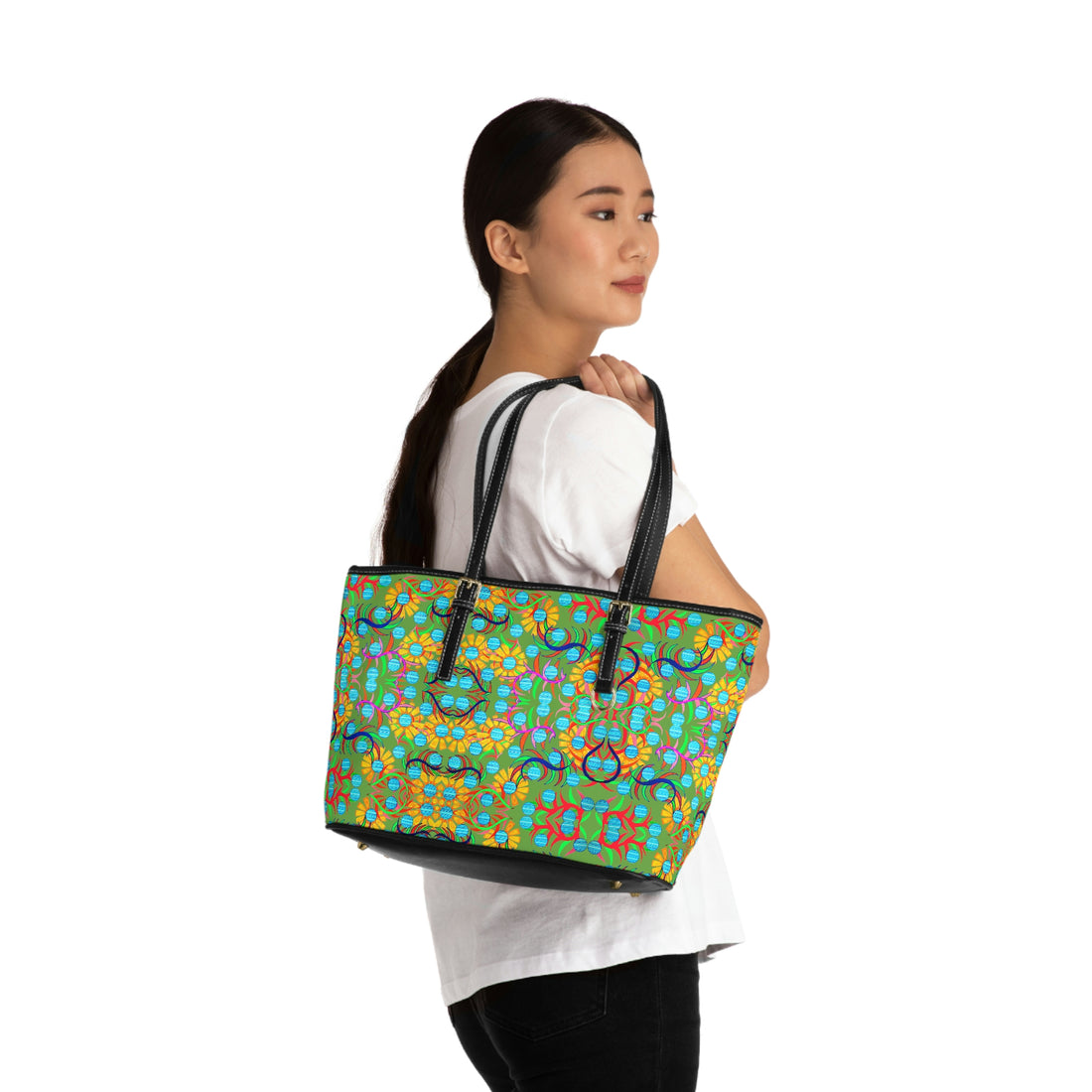 olive sunflower print pu leather zipper tote bag