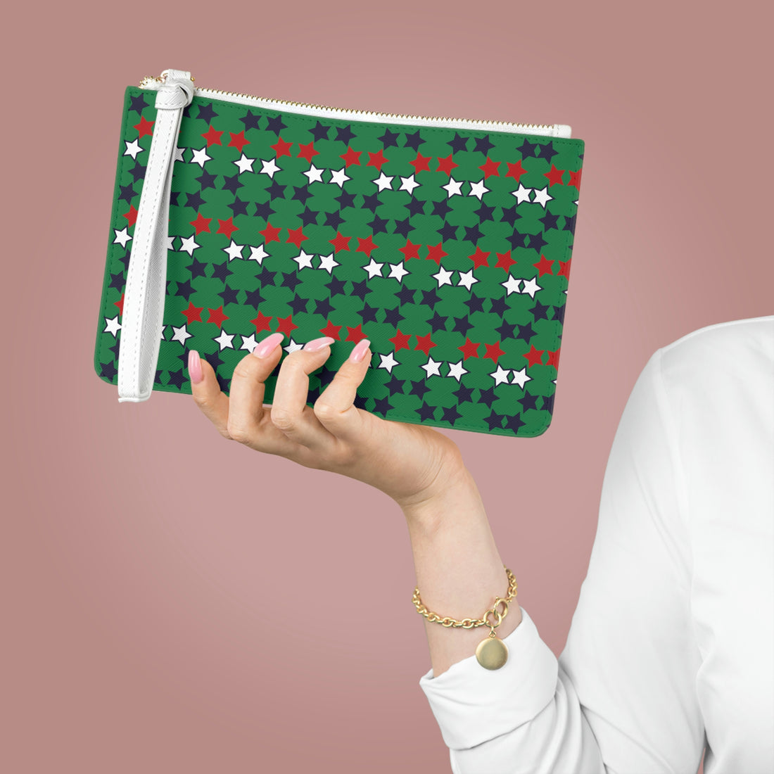 Green Star Print Clutch Bag