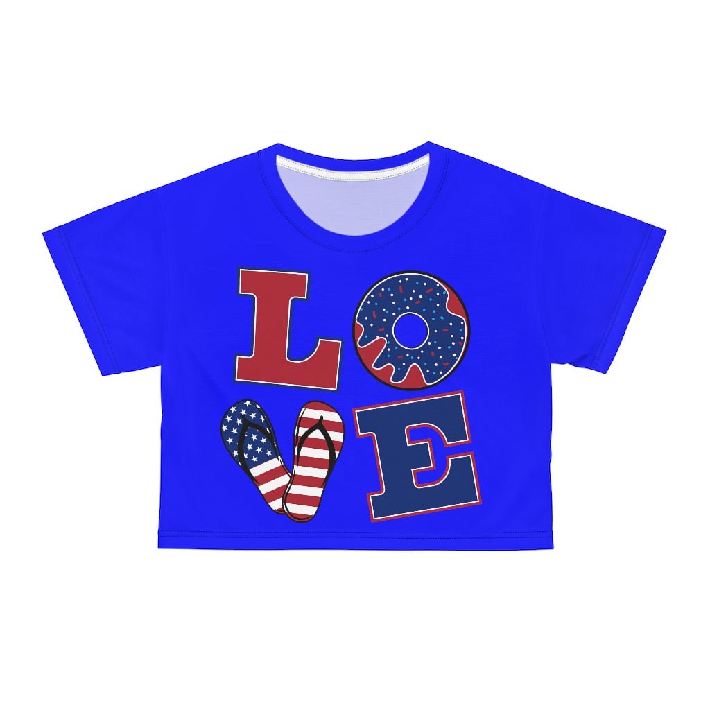 electric blue Love print crop t-shirt for women