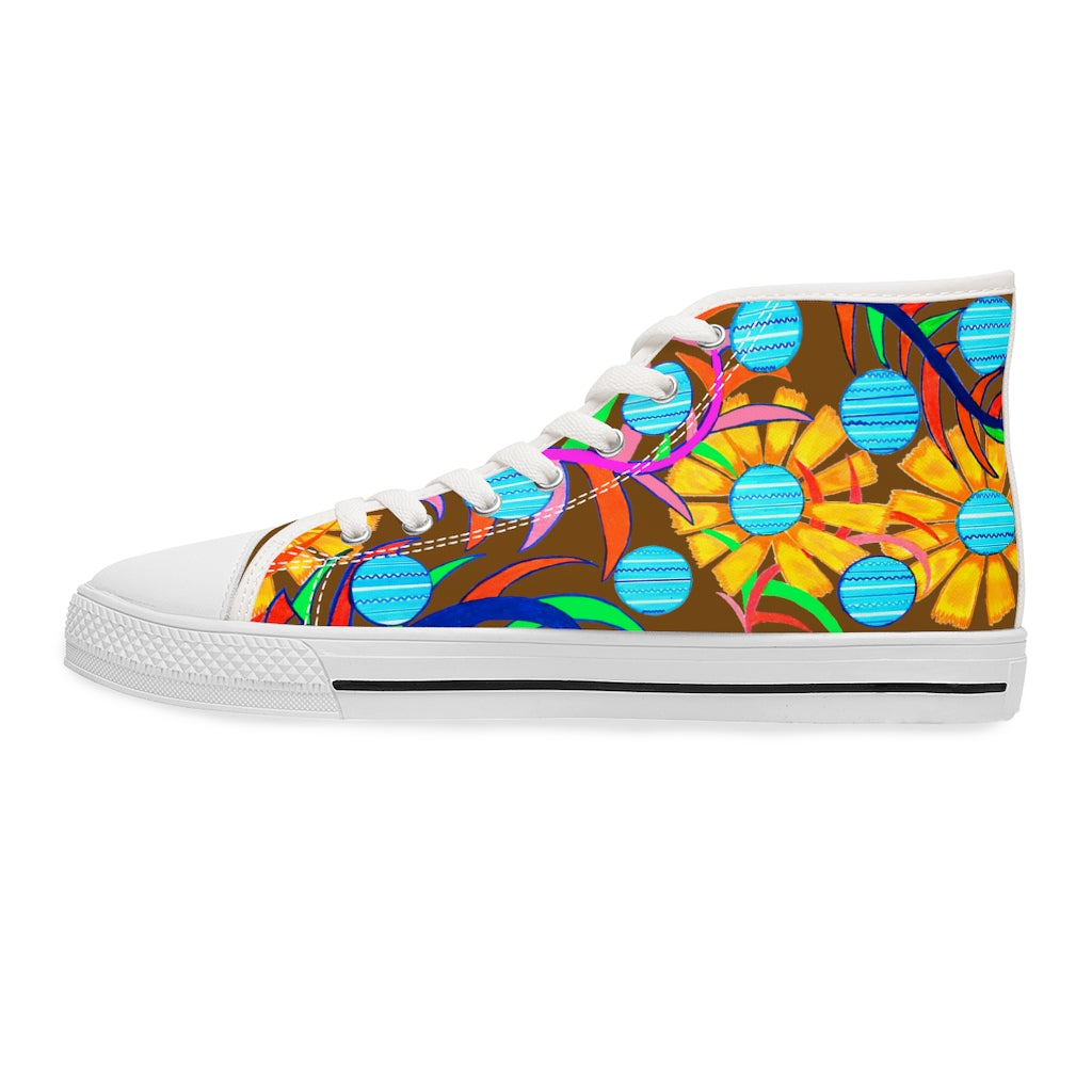 brown sunflower print women's hightop canvas sneakers 