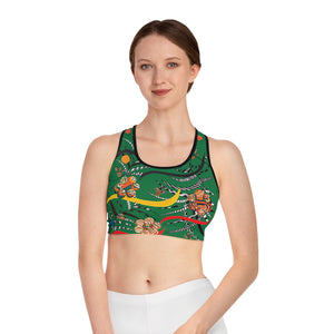 green animal & floral print sports bra  