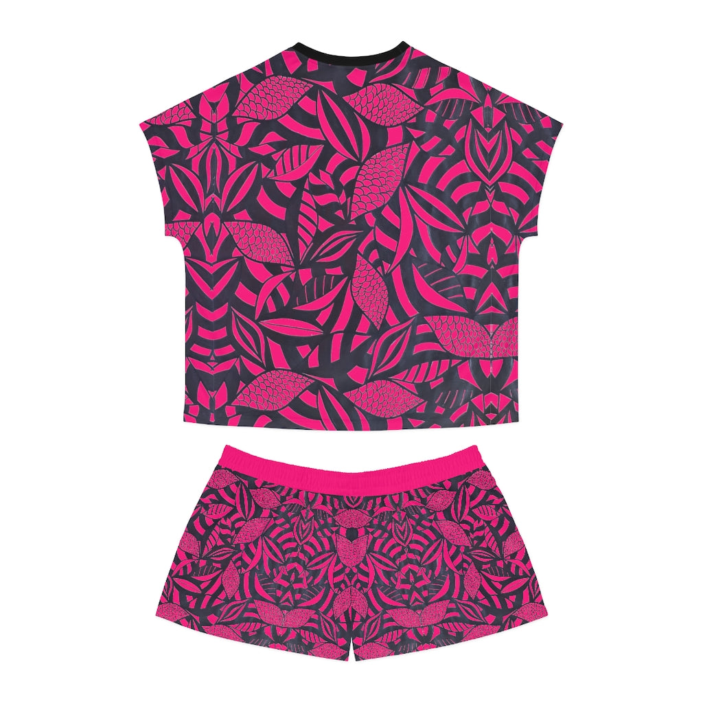 Hot Pink Tropical Minimalist Short Pajama Set (AOP)