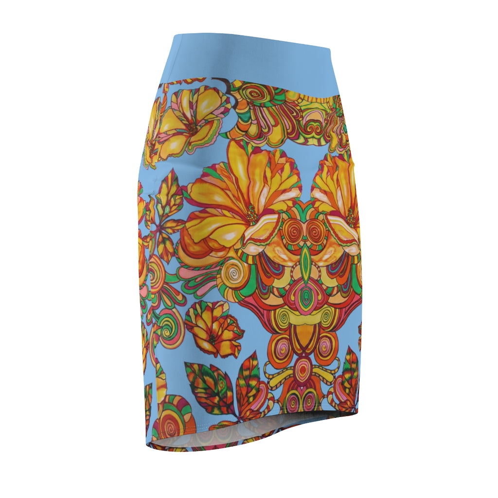 Artsy Floral Sky Pencil Skirt