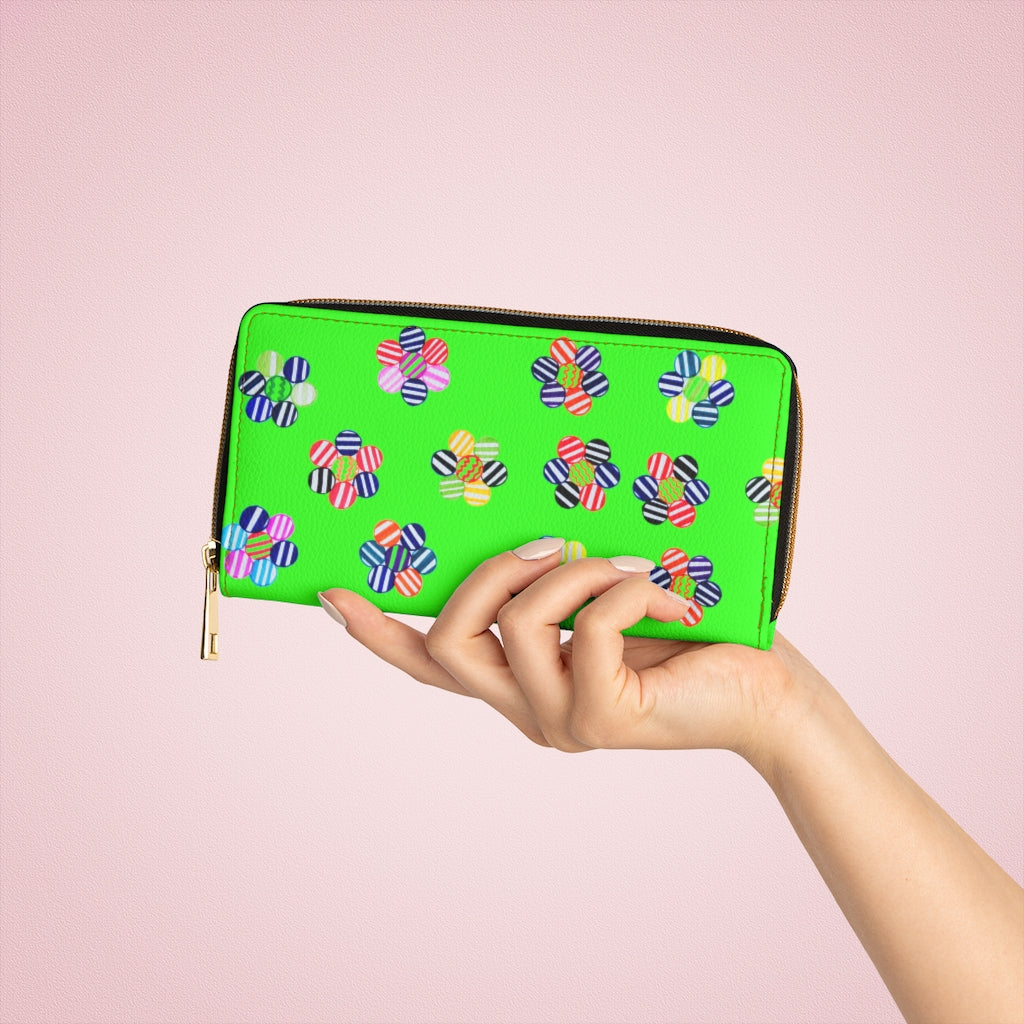 neon green floral print clutch wallet