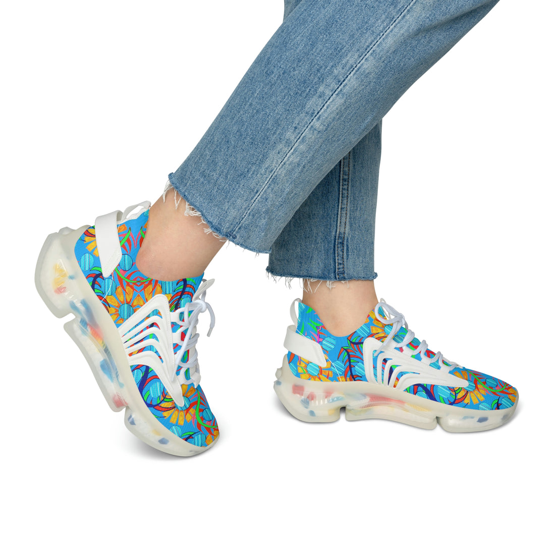 Aqua Sunflower Printed OTT Women's Mesh Knit Sneakers