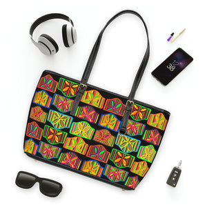 black pu leather zipper tote with multi colour art deco print