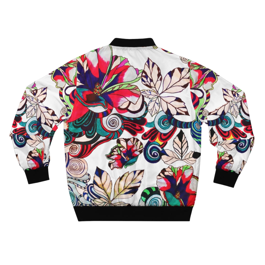 white graphic floral pop bomber jacket