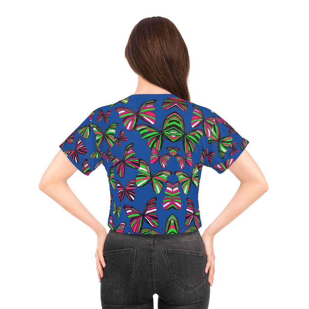 blue butterfly print crop t-shirt