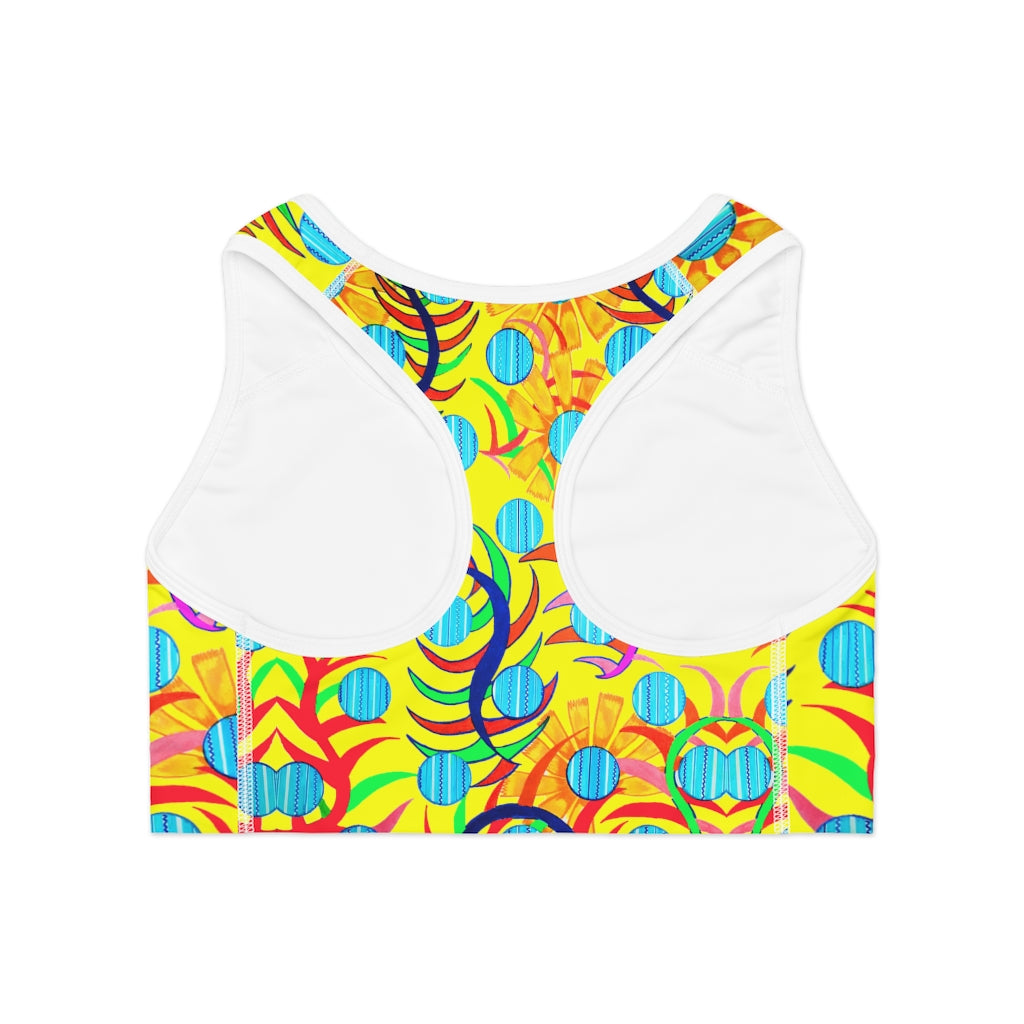 canary sunflower print sports bra