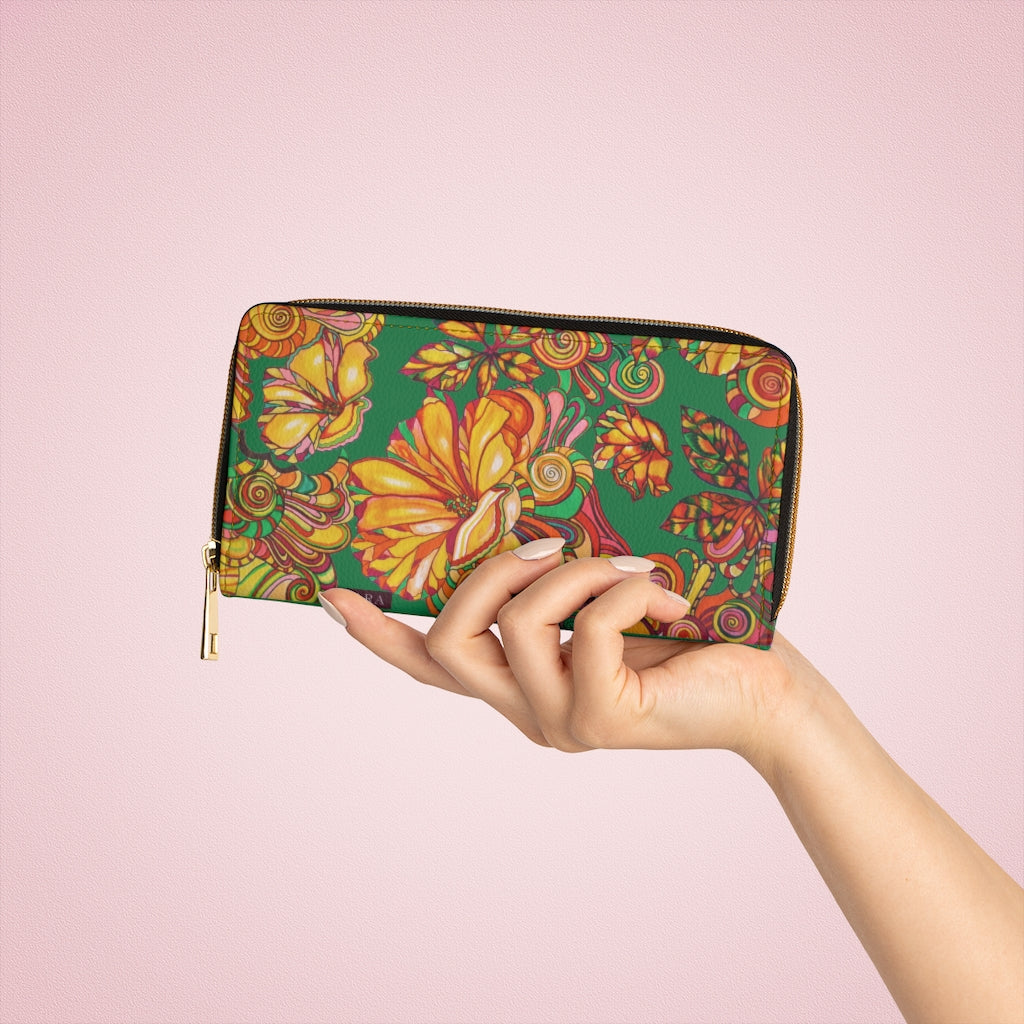 Emerald Artsy Floral Zipper Wallet