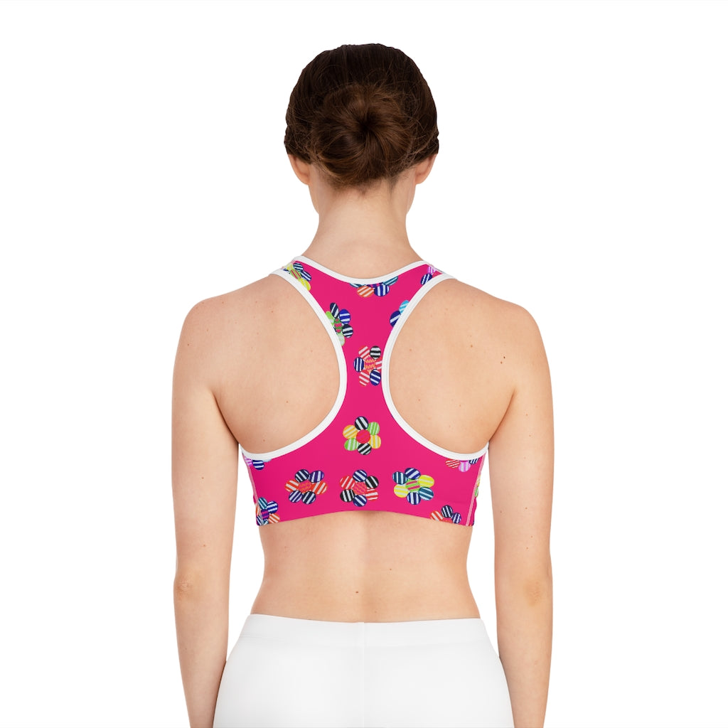 hot pink geometric flowers sports bra 