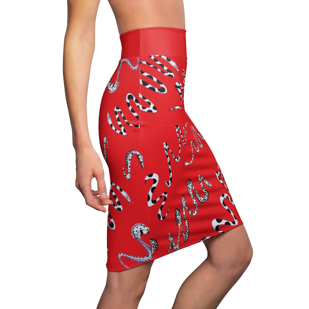 Red Snake Den Print Pencil Skirt