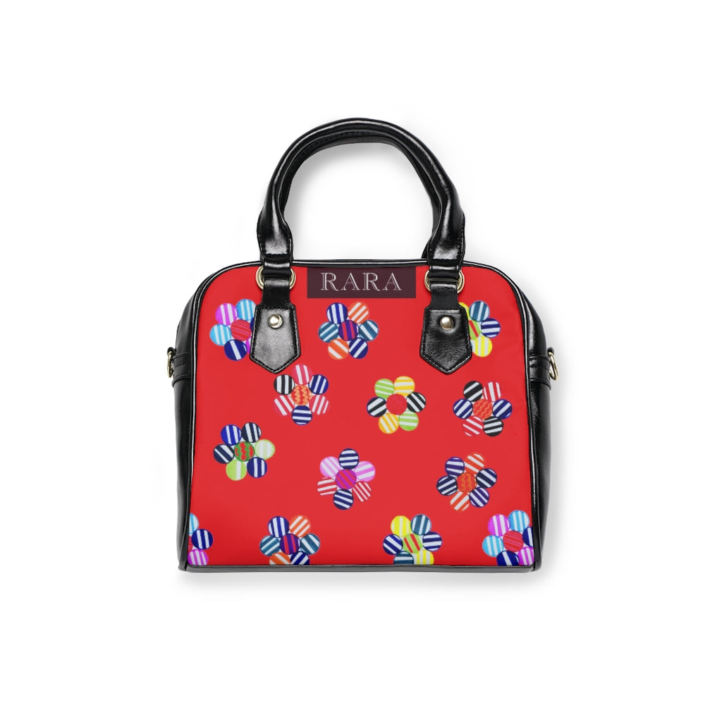 red multi colour geometric florals print handbag