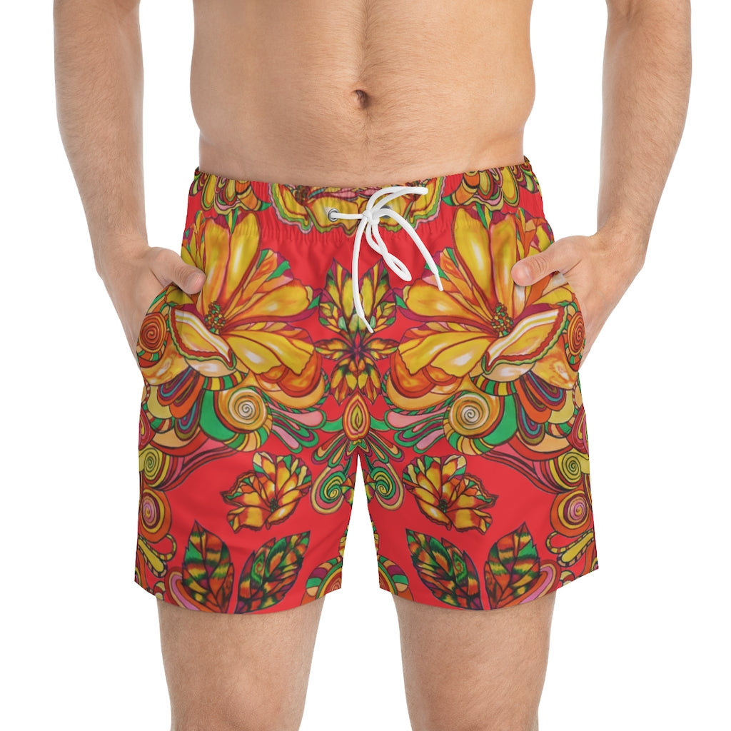 Artsy Floral Men's Black Swimming Trunks