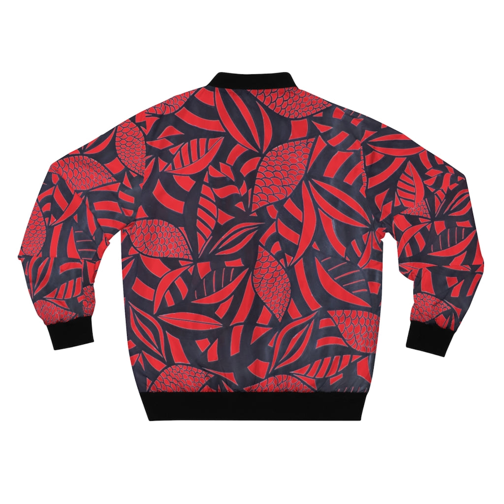red tropical leaves print men's bomber jacket