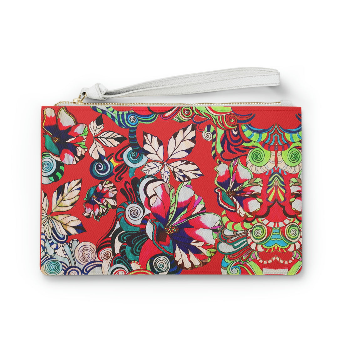 red graphic floral print clutch bag