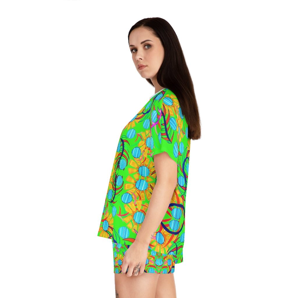 Neon Green Sunflower Short Pajama Set (AOP)