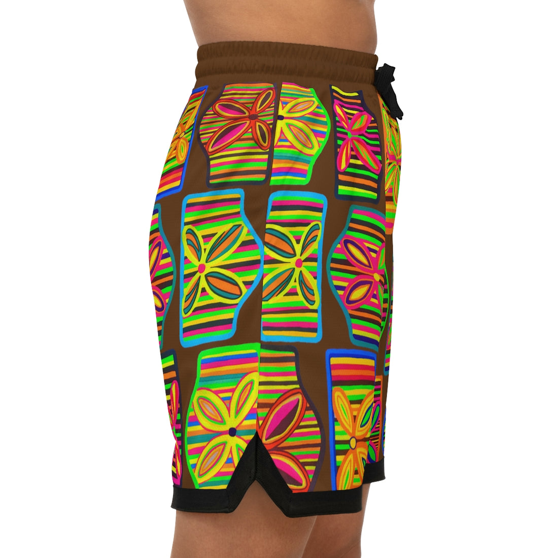 brown art deco print basketball shorts for men