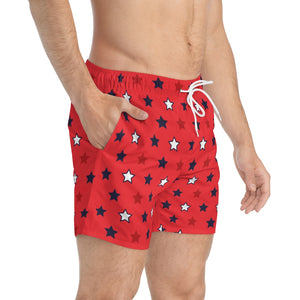 red star print 4th of July men's swimming trunks by labelrara