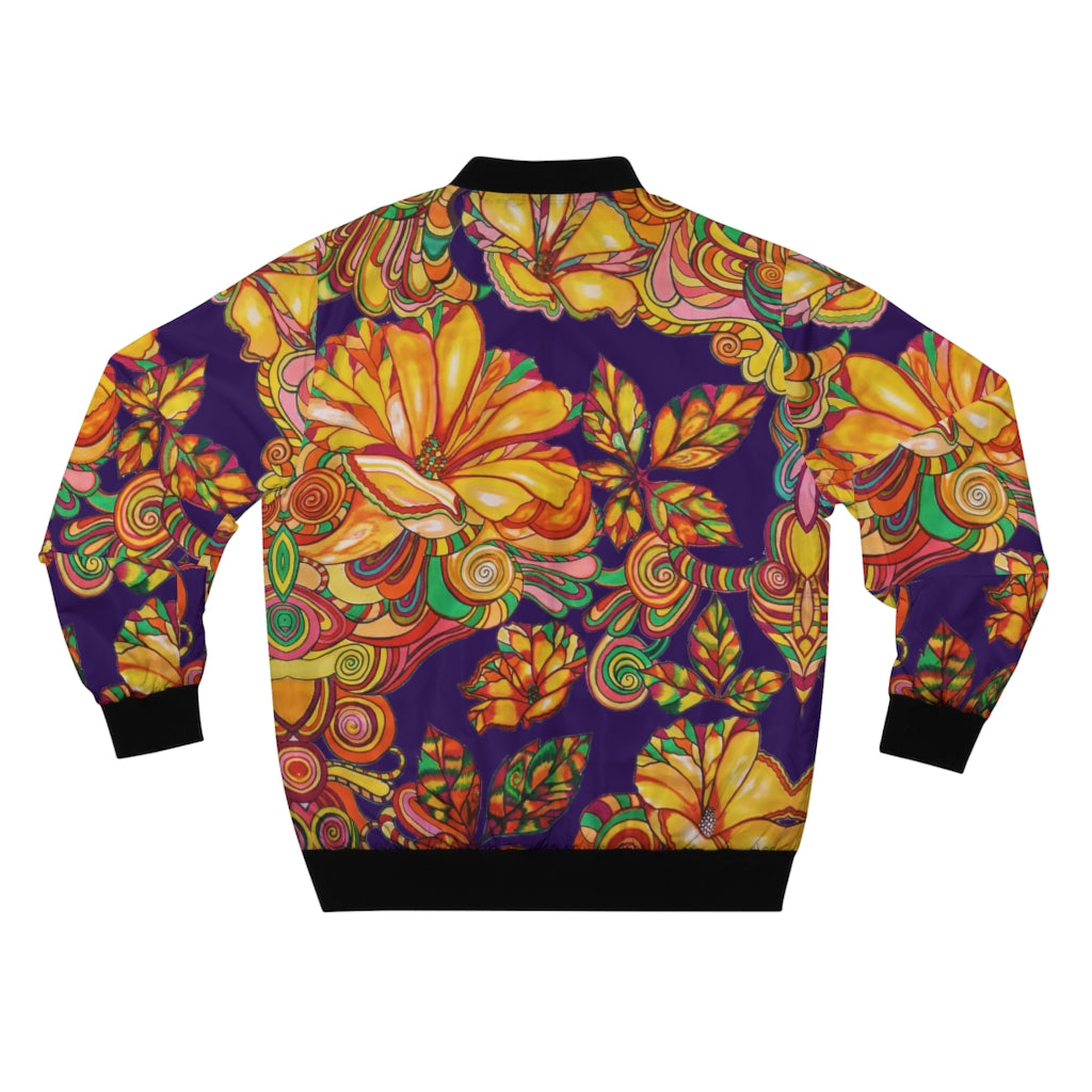 violet men's wear bomber jacket in artsy floral print