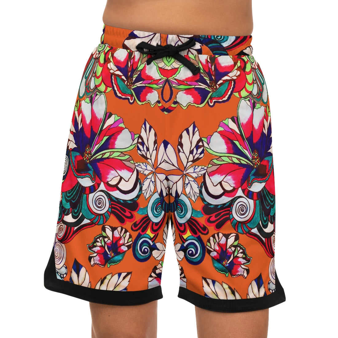 Orange Graphic Floral Basketball Rib Shorts (AOP)