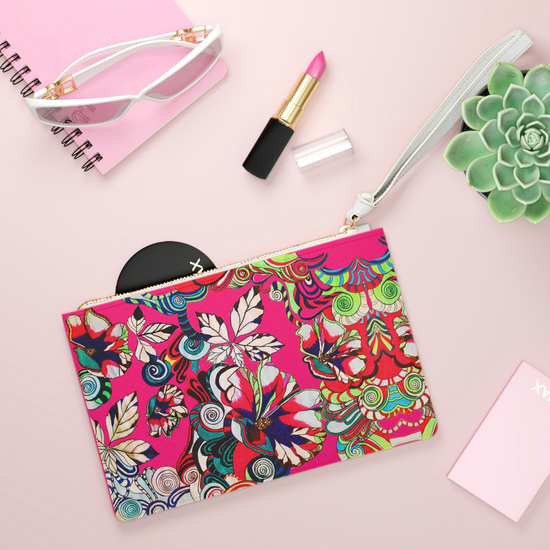 hot pink graphic floral print clutch bag