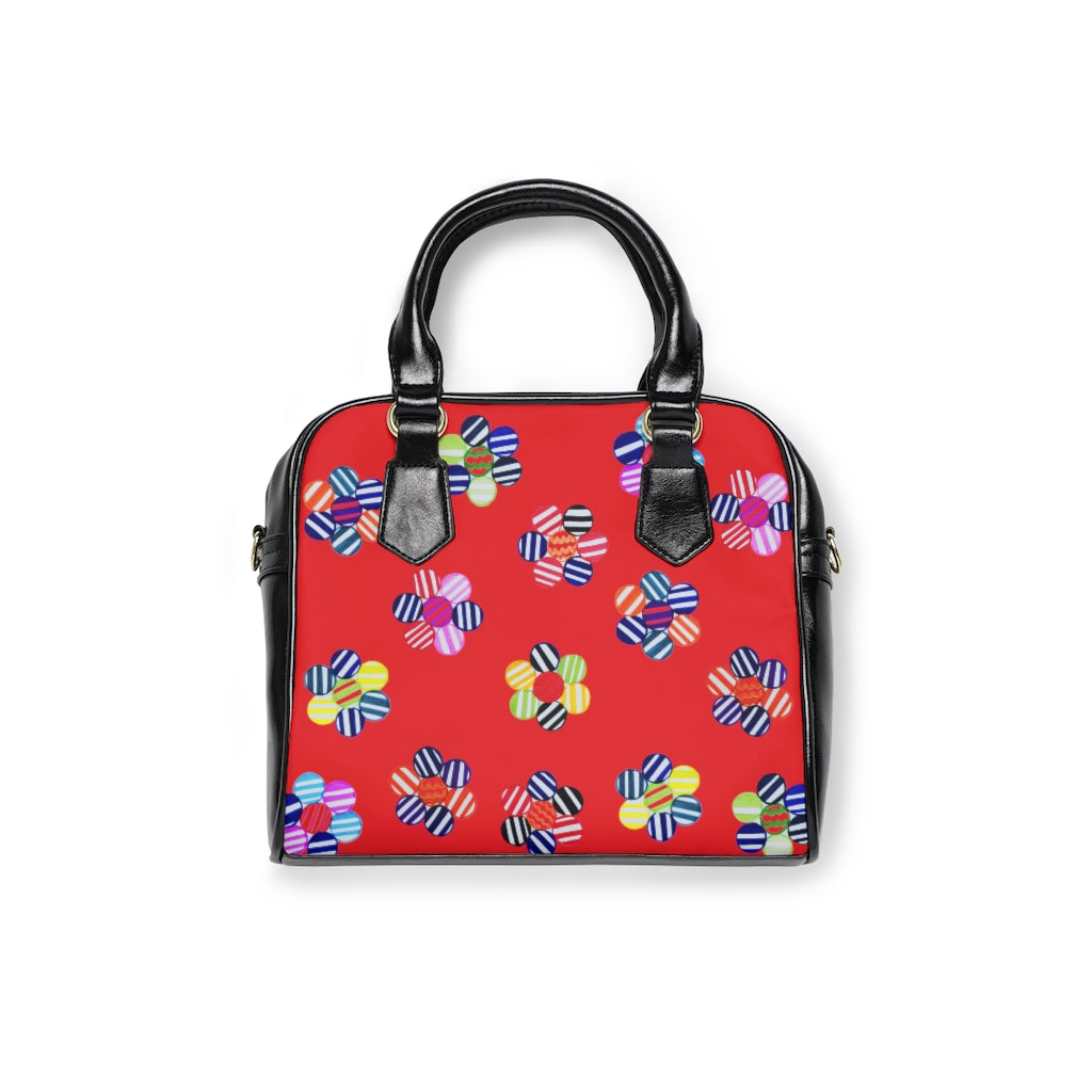red multi colour geometric florals print handbag