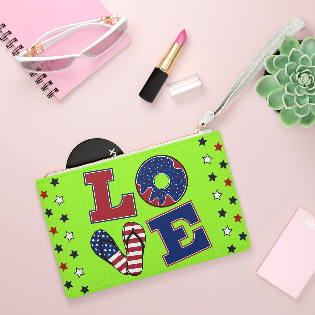 lime green clutch bag with love typography in american flag colours 