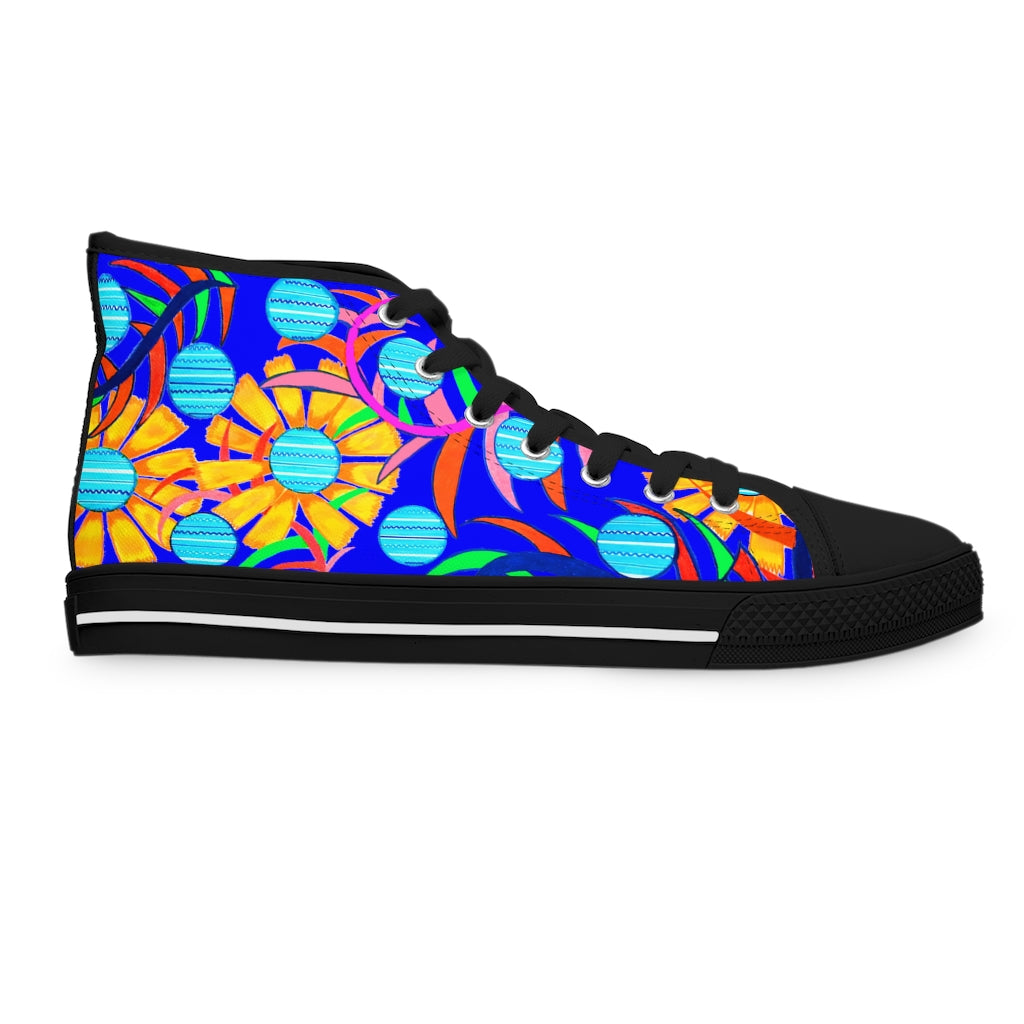 electric blue sunflower print women's hightop canvas sneakers 