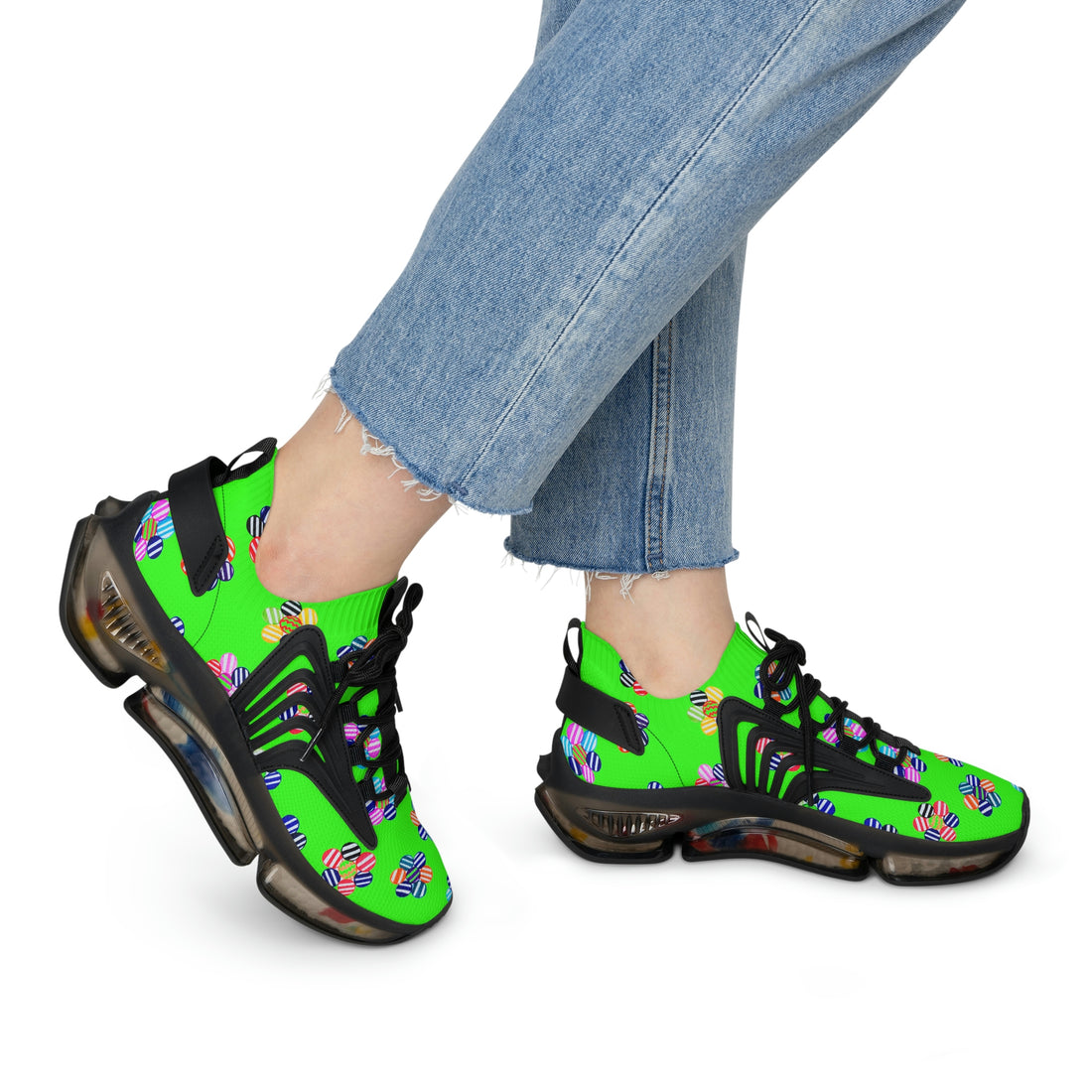 Neon Green Candy Floral Printed OTT Women's Mesh Knit Sneakers