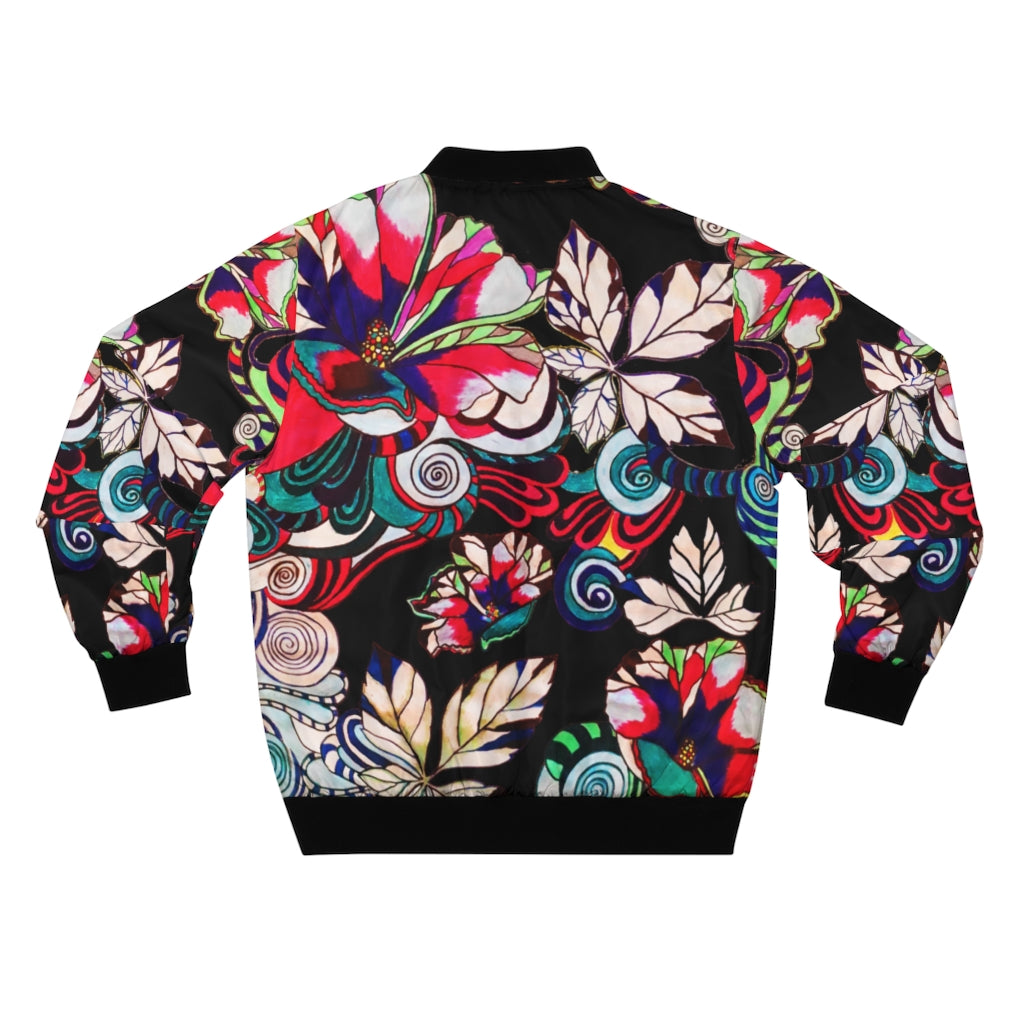 black graphic floral men's bomber jacket