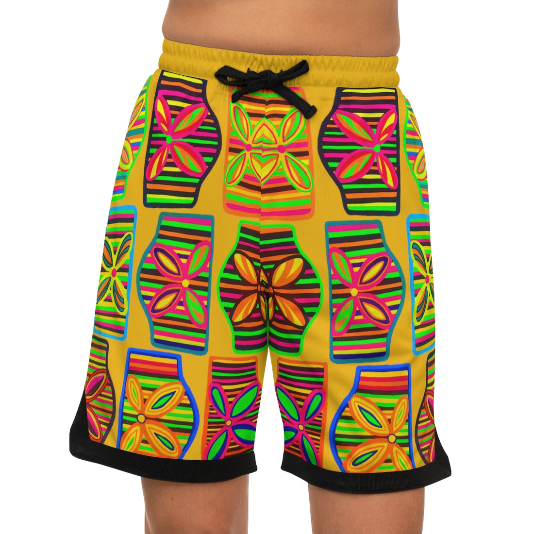 Yellow Deco Print Basketball Rib Shorts (AOP)