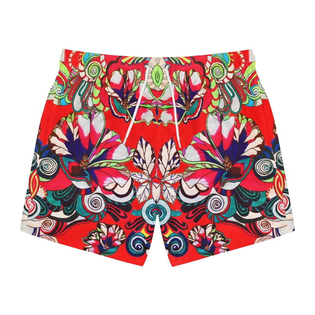 Red Graphic Floral Pop Men's Swimming Trunks