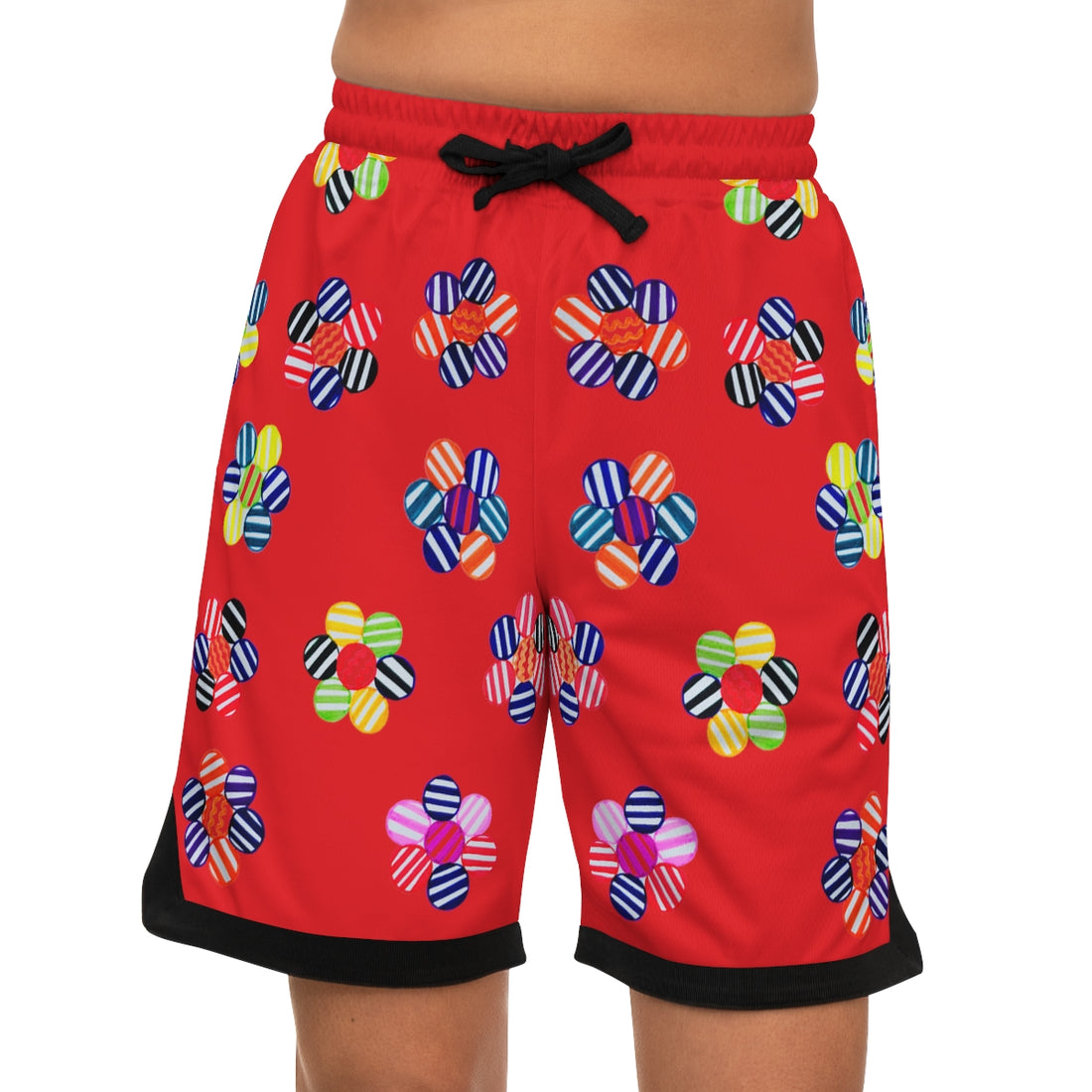 Red Geo Floral Basketball Rib Shorts (AOP)