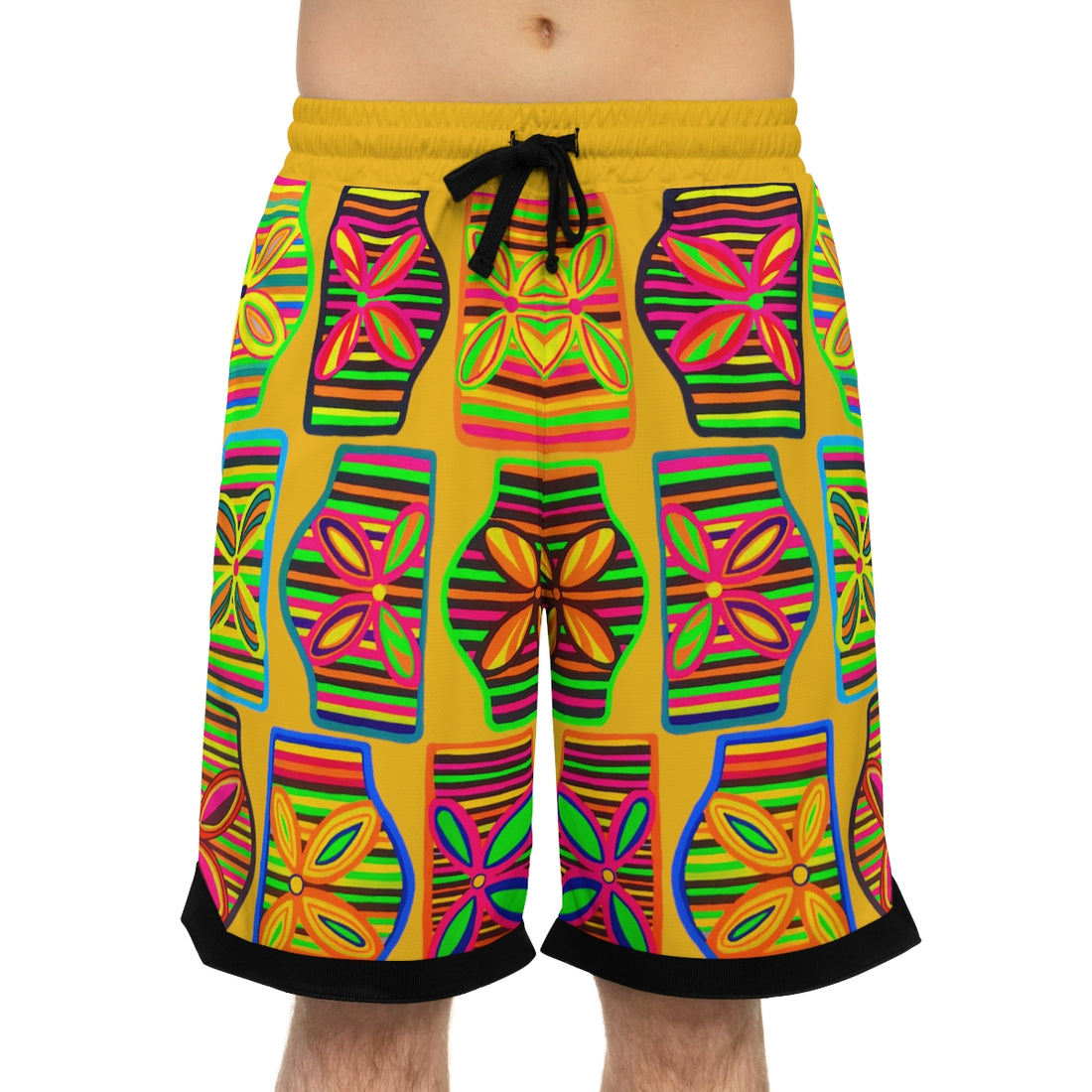 Yellow art deco print basketball shorts for men