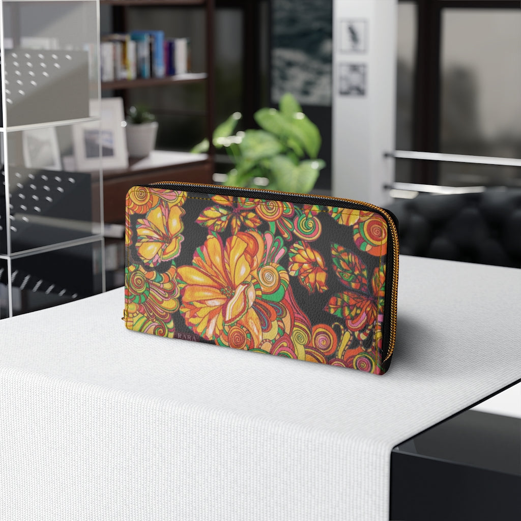 Black Artsy Floral Zipper Wallet