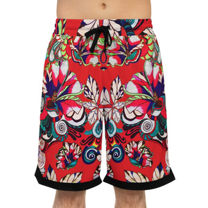 Red Graphic Floral Basketball Rib Shorts (AOP)