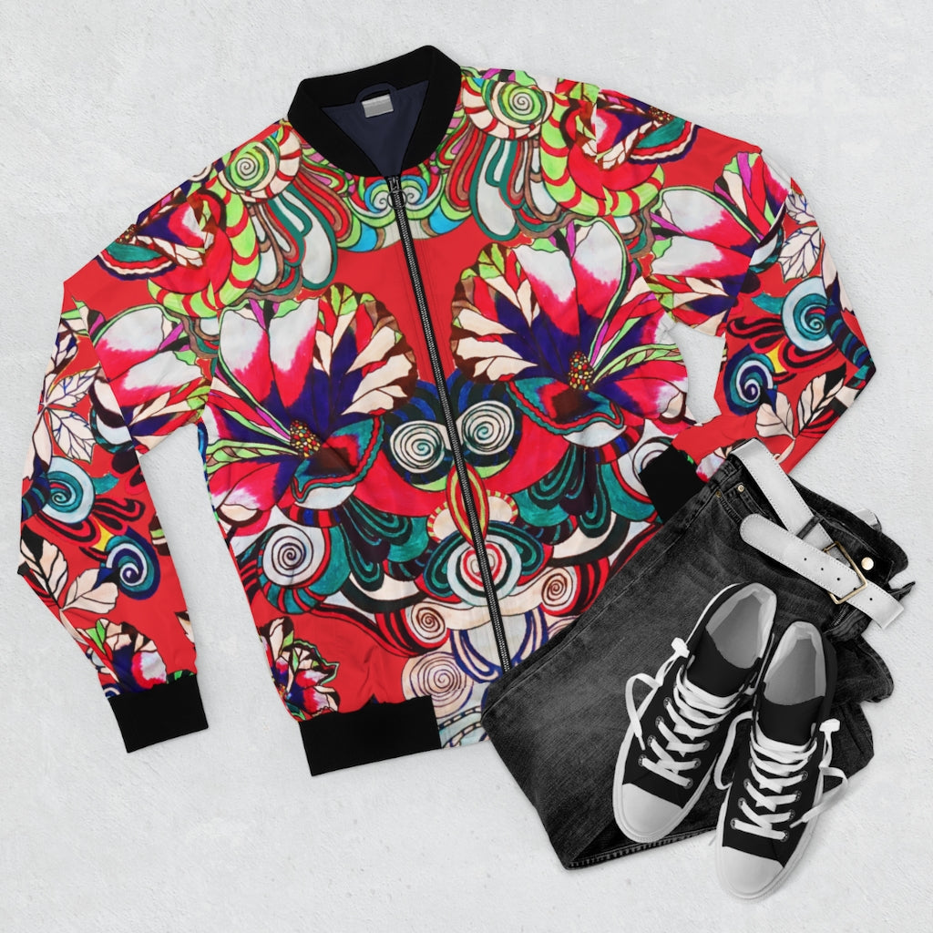 red graphic floral men's bomber jacket