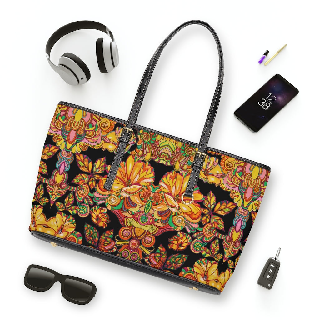 Black Artsy Floral PU Leather Shoulder Bag