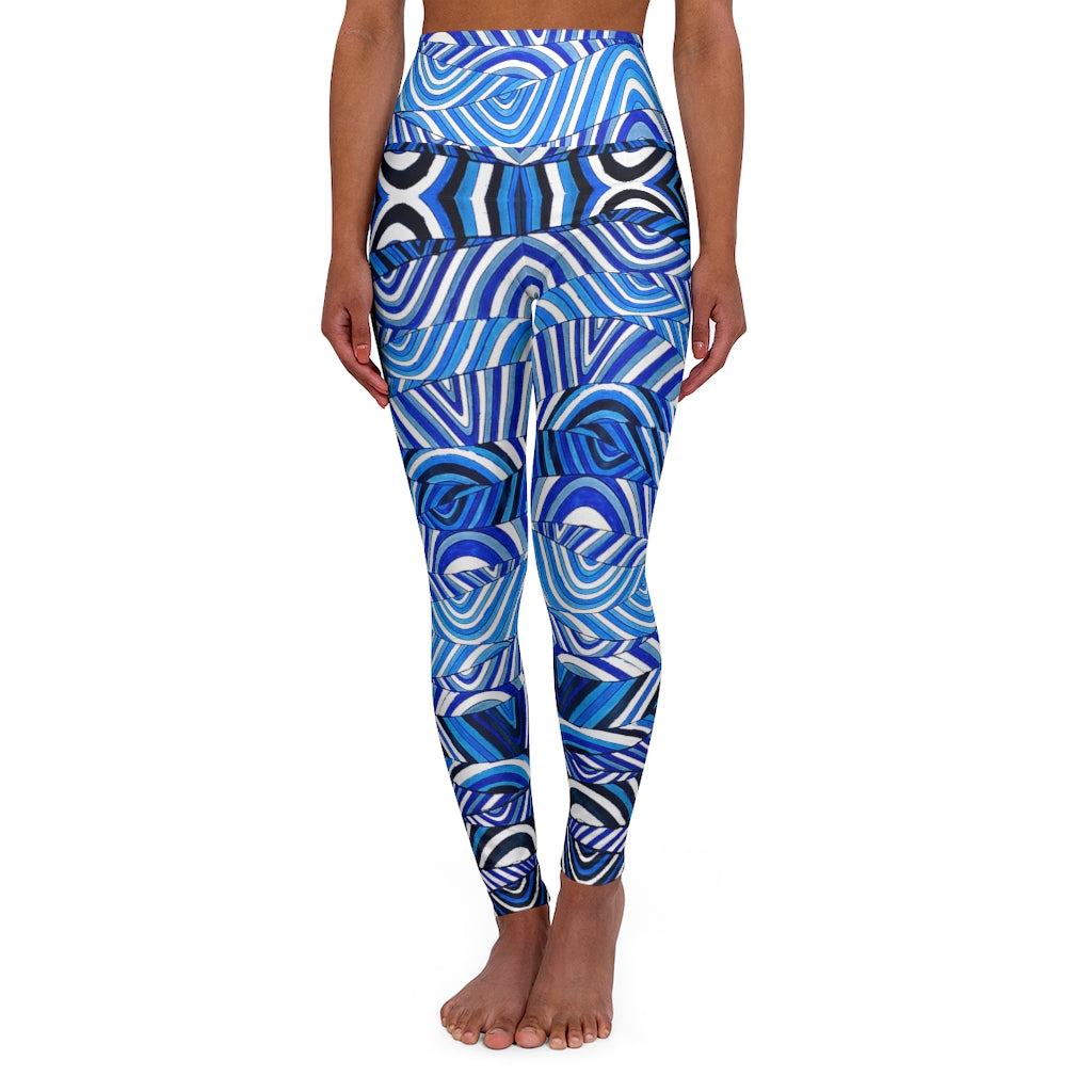 White & blue psychedelic print yoga athleisure leggings for women