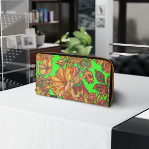 Neon Green Artsy Floral Zipper Wallet