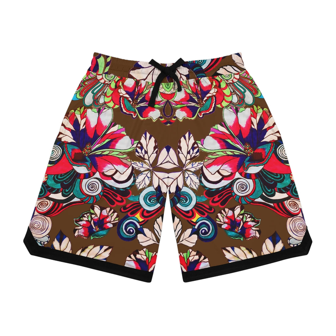 Brown Graphic Floral Basketball Rib Shorts (AOP)