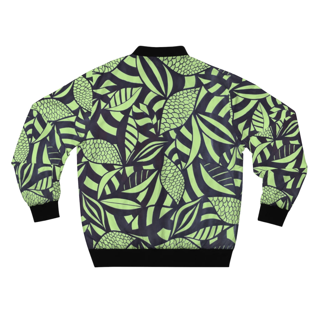 lime green tropical leaves print men's bomber jacket