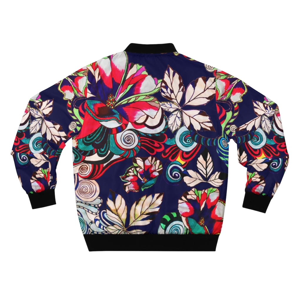 ink blue graphic floral men's bomber jacket