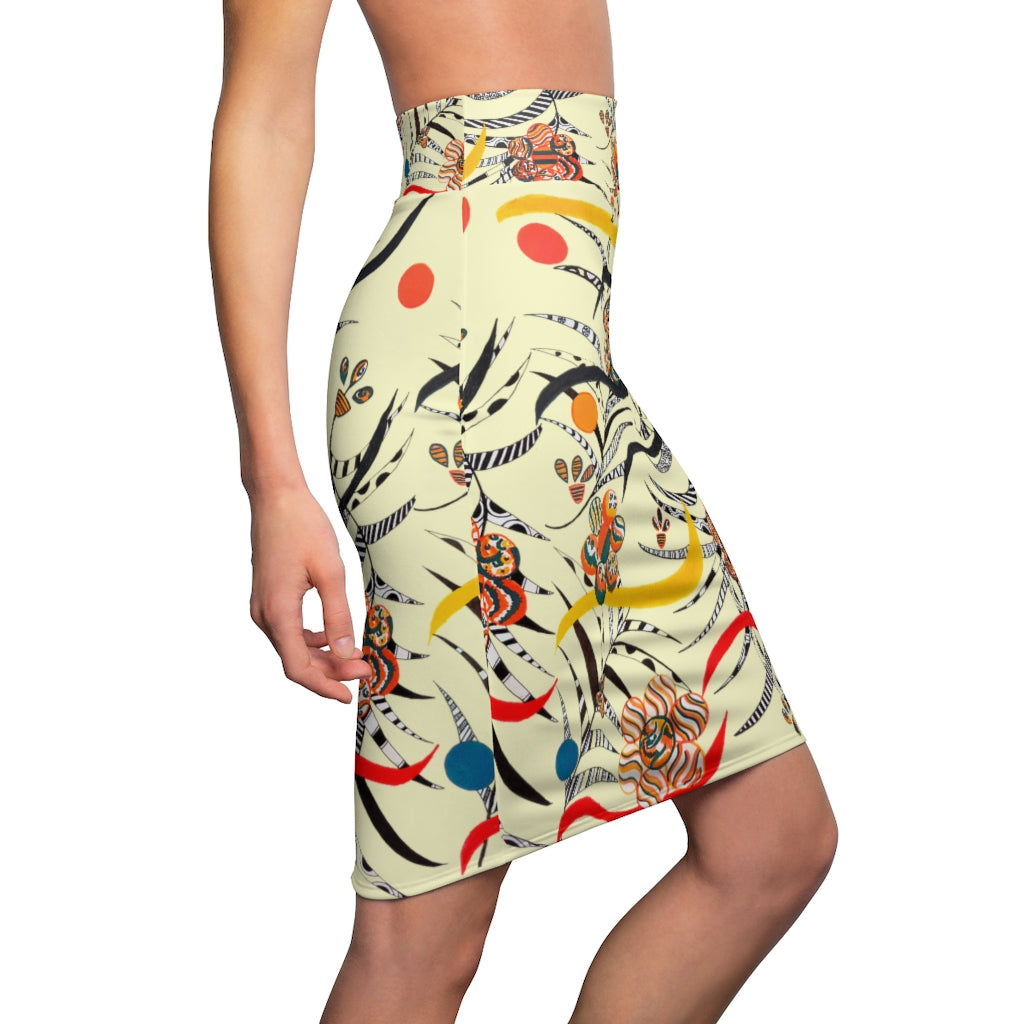 Cream Wilderness Print Pencil Skirt